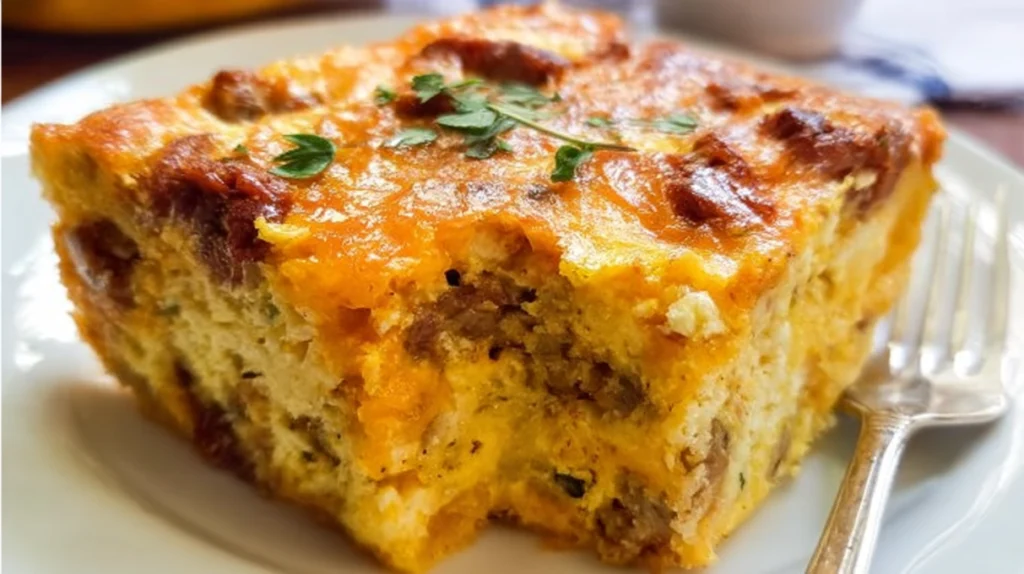 Chorizo egg casserole baked with spicy chorizo, eggs, cheese, and vegetables until golden