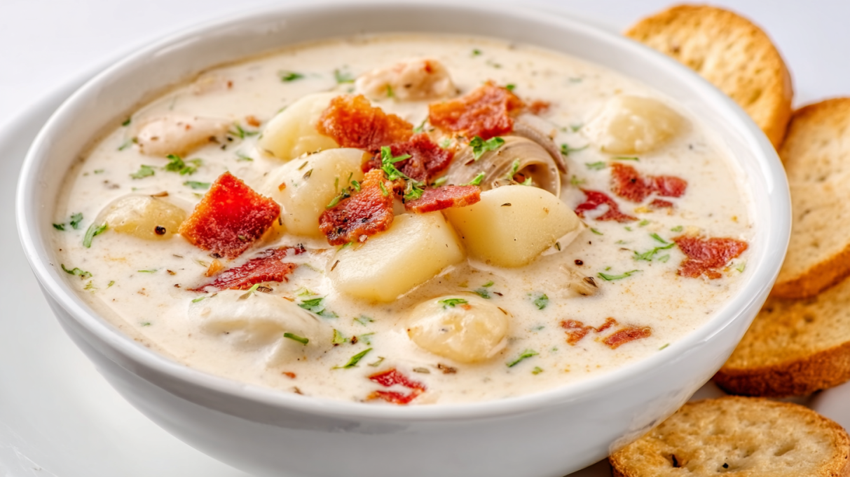 Creamy clam chowder soup with tender clams, potatoes, and herbs served in a bowl