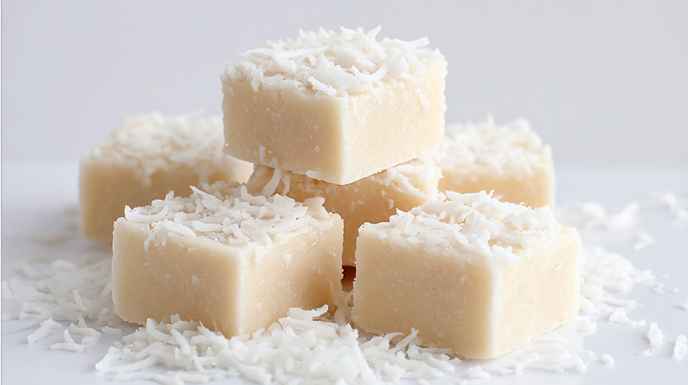 Coconut fudge squares with a creamy texture topped with shredded coconut