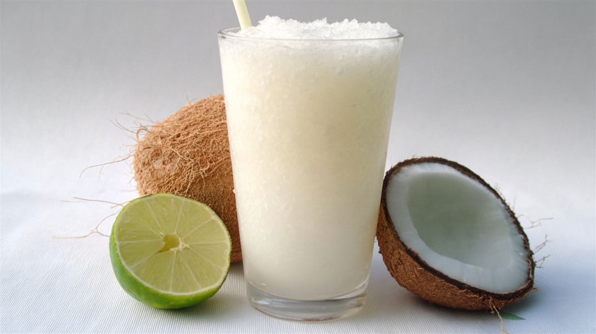 Colombian coconut lemonade served in a glass with ice, lemon slices, and creamy coconut texture