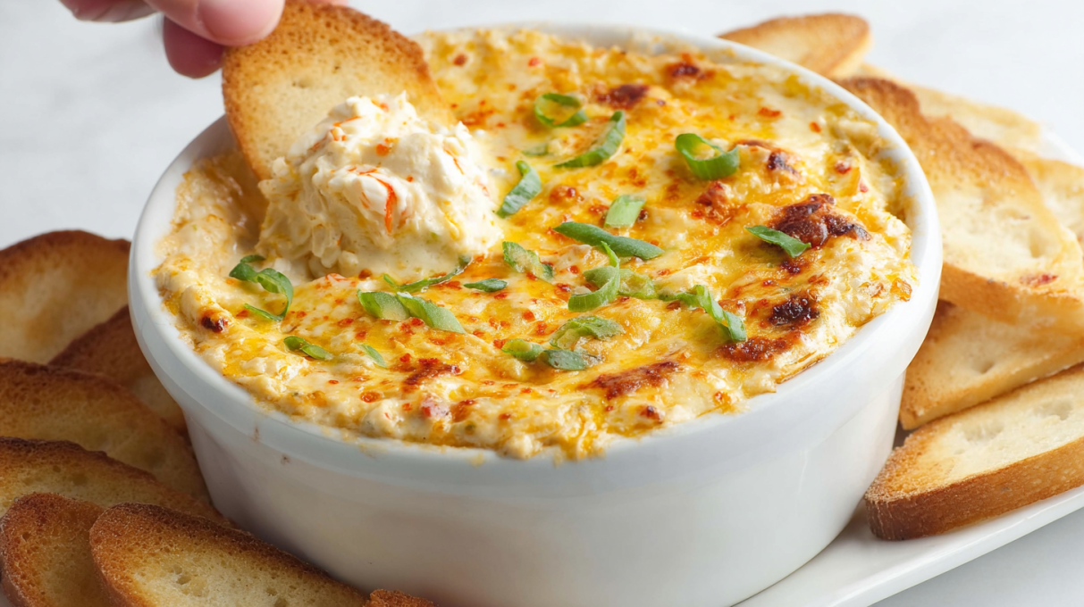 Creamy crab dip served warm with lump crab meat, cream cheese, and herbs, paired with crackers or toasted bread