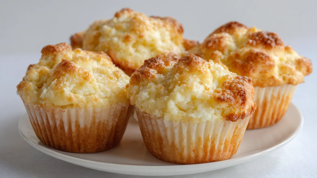 Freshly baked cream cheese muffins with a golden top and soft, creamy center, served on a wooden board