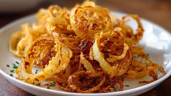 Crispy air fryer onion slices seasoned and cooked until golden brown
