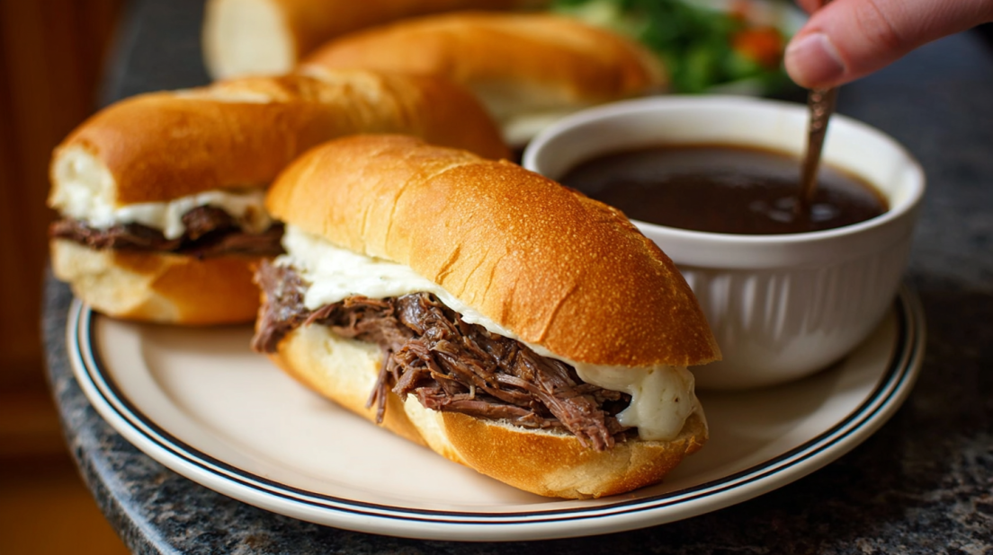Crockpot French Dip Sandwiches slow cooker shredded beef sandwiches on toasted rolls with melted cheese and au jus dipping sauce, served on a white plate, soft natural lighting, high-quality food photography, clean background
