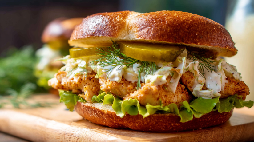 Dill Chicken Sandwich creamy dill chicken salad on toasted bread with fresh lettuce and herbs, served on a white plate with soft natural lighting, clean background, high-quality food photography