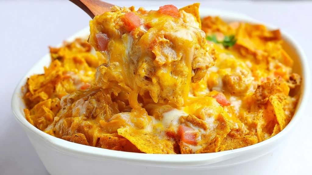 Dorito chicken casserole baked with shredded chicken, creamy sauce, cheese, and crunchy Dorito chips on top