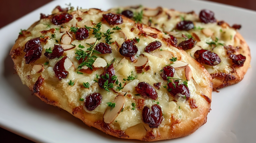 Flatbread with Brie, Cranberries and Toasted Almonds crispy flatbread topped with melted brie cheese, dried cranberries, and toasted almonds