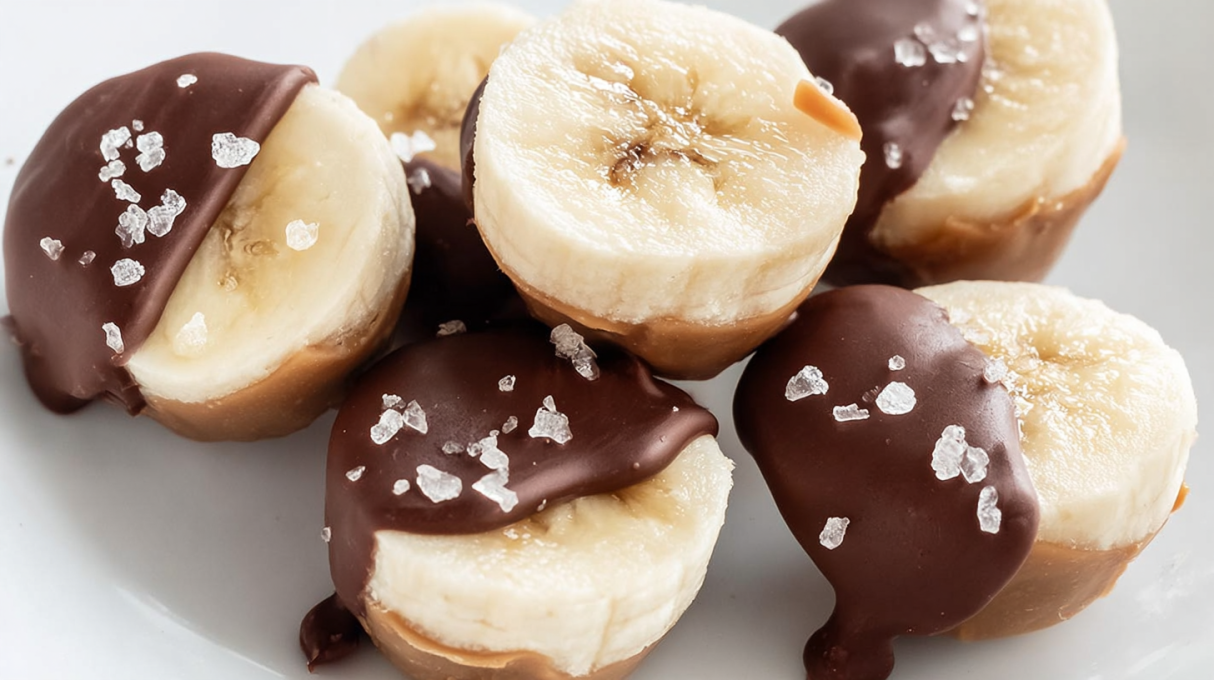 Frozen Chocolate Peanut Butter Banana Bites made with banana slices, peanut butter, and a chocolate coating