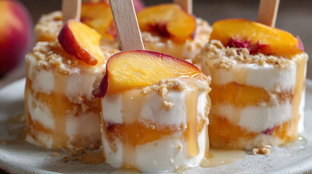 Close-up of Frozen Yogurt Peach Ring Pops made with creamy yogurt and peach ring gummy candies, frozen into colorful bite-sized popsicles with a bright, refreshing summer look.