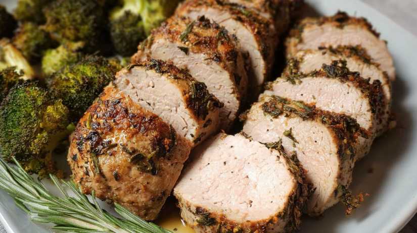 Garlic Herb Air Fryer Pork Tenderloin juicy pork tenderloin seasoned with garlic and herbs, sliced and cooked in air fryer, golden and tender on white plate