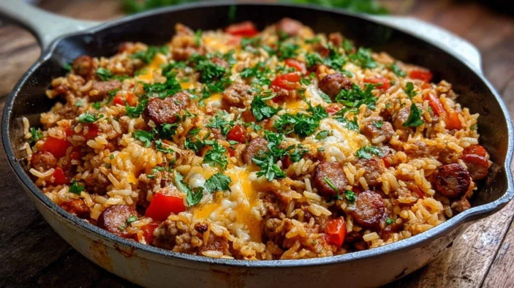 Ground sausage and rice skillet with savory sausage, fluffy rice, and mixed vegetables cooked in one pan
