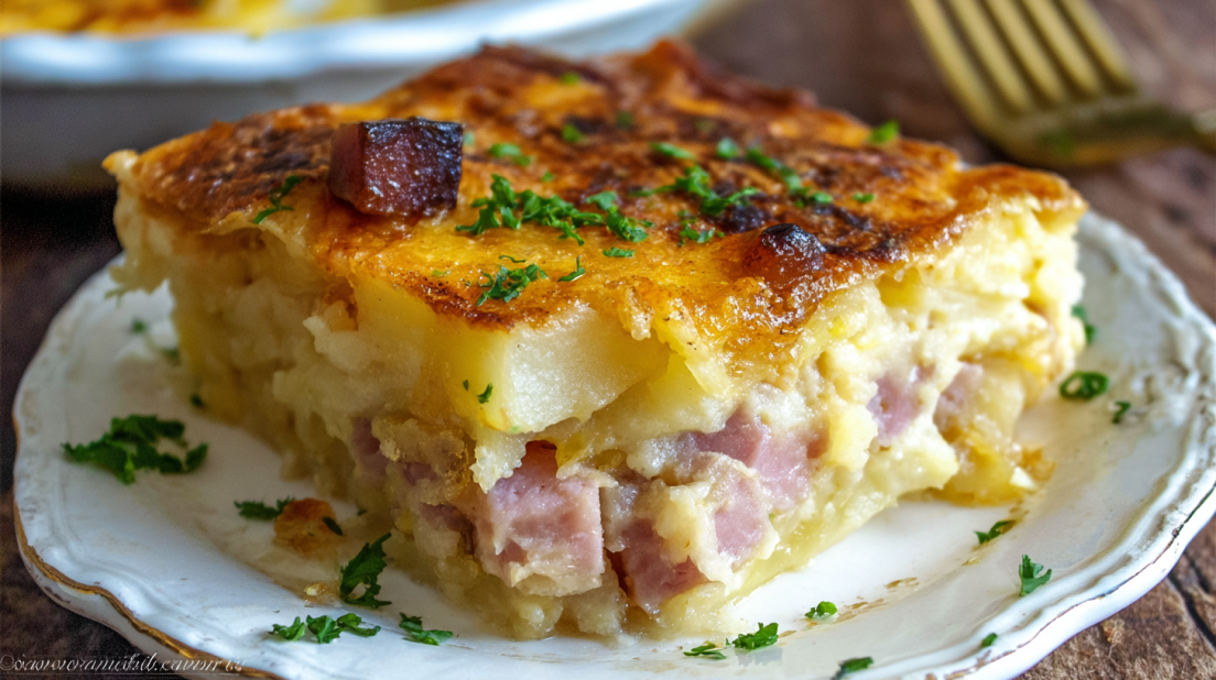 Ham and Potato Casserole creamy baked potatoes with diced ham and melted cheese, comforting cheesy casserole in baking dish
