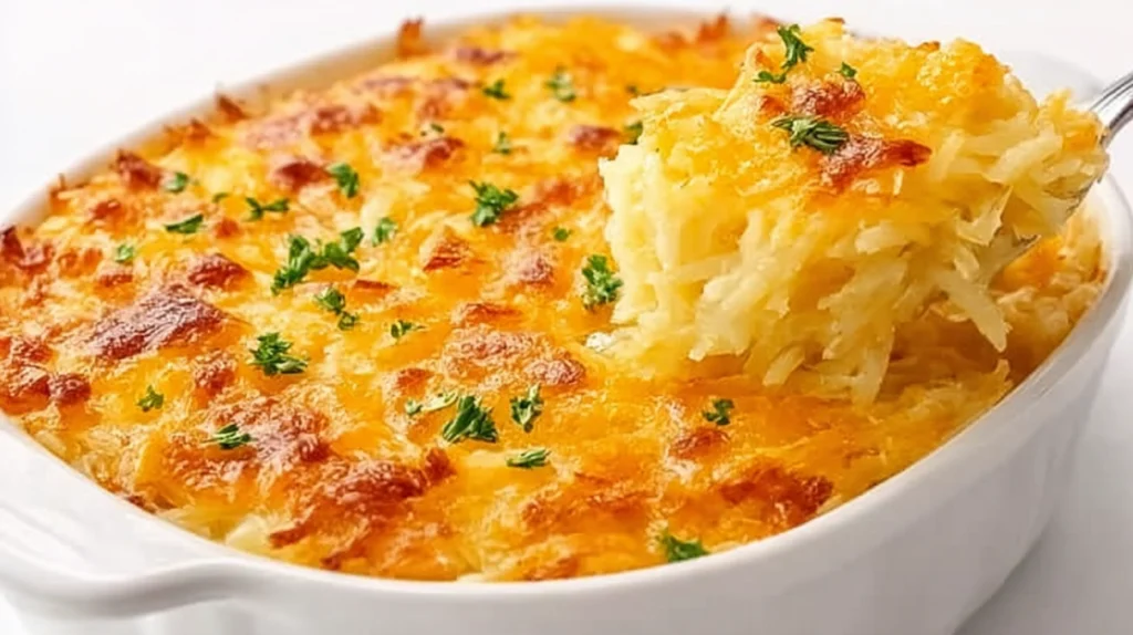 Creamy hashbrown casserole baked with shredded potatoes, cheese, and a golden crispy topping