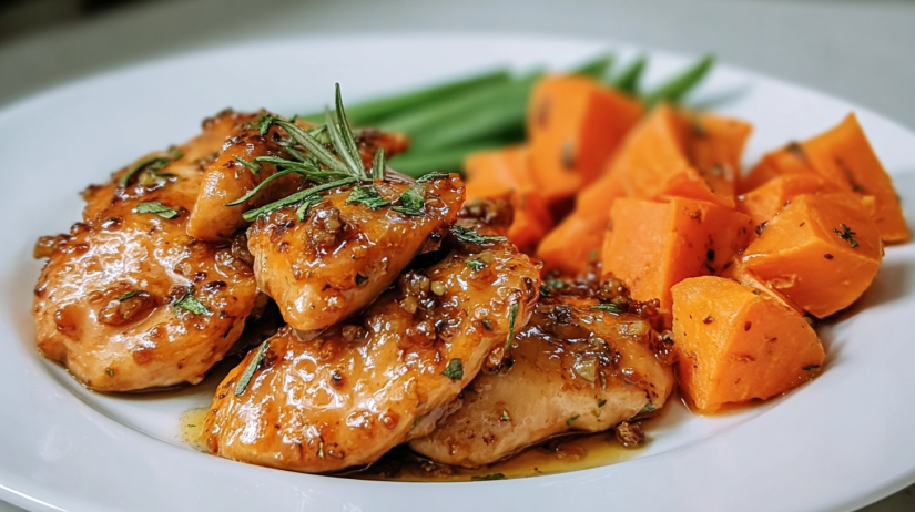 Honey Garlic Chicken with Sweet Potatoes roasted chicken glazed with honey garlic sauce served with caramelized sweet potatoes