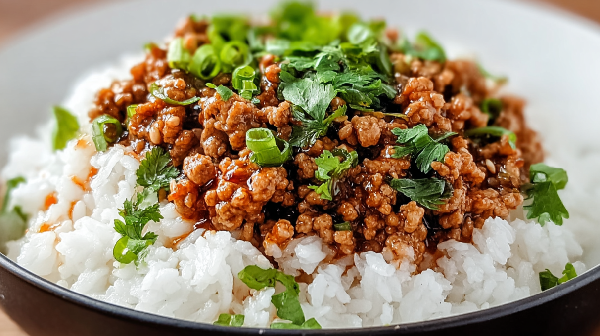Honey garlic ground turkey cooked in a sweet and savory garlic sauce, served over fluffy rice