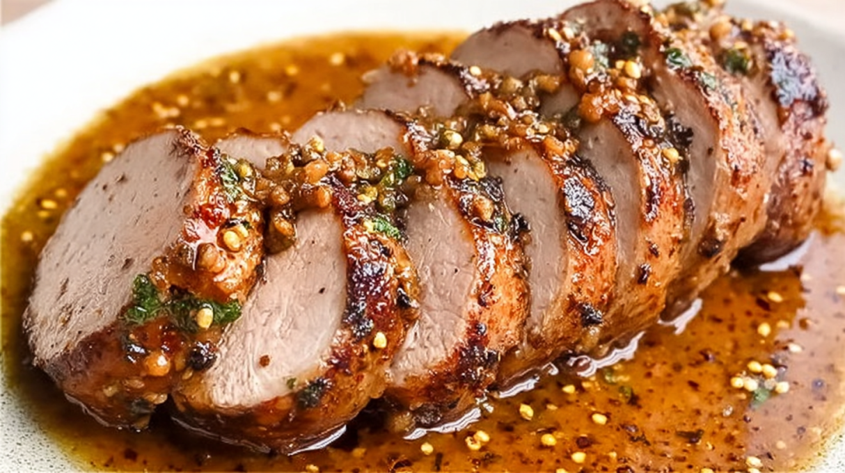 Honey mustard pork tenderloin glazed with sweet and tangy sauce, sliced and served warm