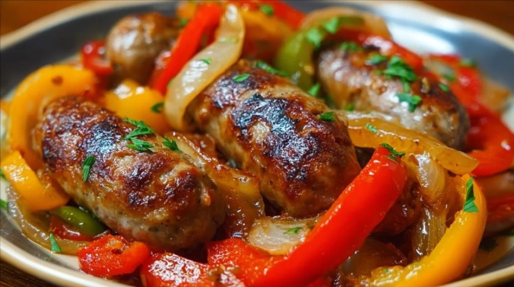 Skillet of Italian Sausage with Peppers and Onions, cooked until tender and caramelized, served hot with rich savory flavor and rustic homemade comfort-food style.