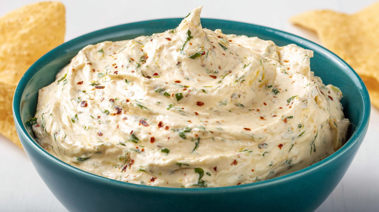 Creamy Jalapeno cream cheese dip topped with sliced jalapeños and herbs, served with crackers for dipping