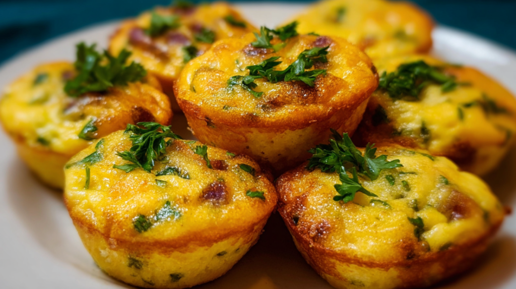 Keto Egg Bites low-carb baked egg muffins with cheese and vegetables, arranged on a white plate with soft natural lighting, clean background, high-quality food photography