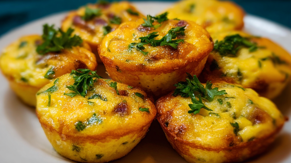 Keto Egg Bites low-carb baked egg muffins with cheese and vegetables, arranged on a white plate with soft natural lighting, clean background, high-quality food photography