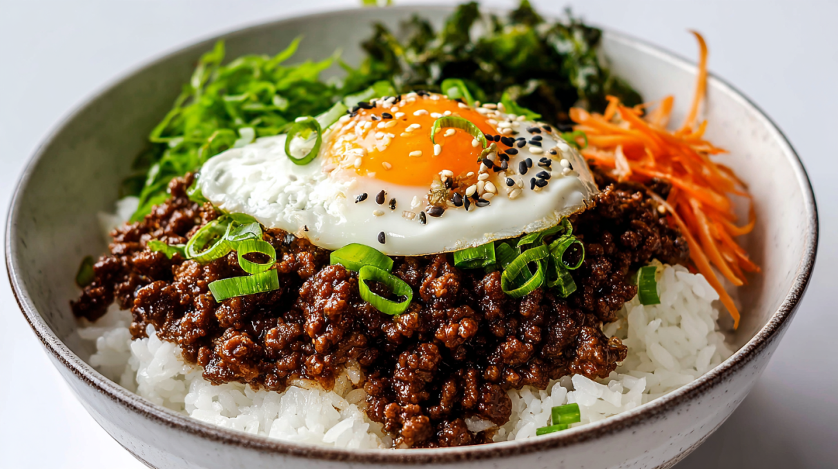 Korean Ground Beef Bowl served with seasoned ground beef over rice, topped with green onions and sesame seeds