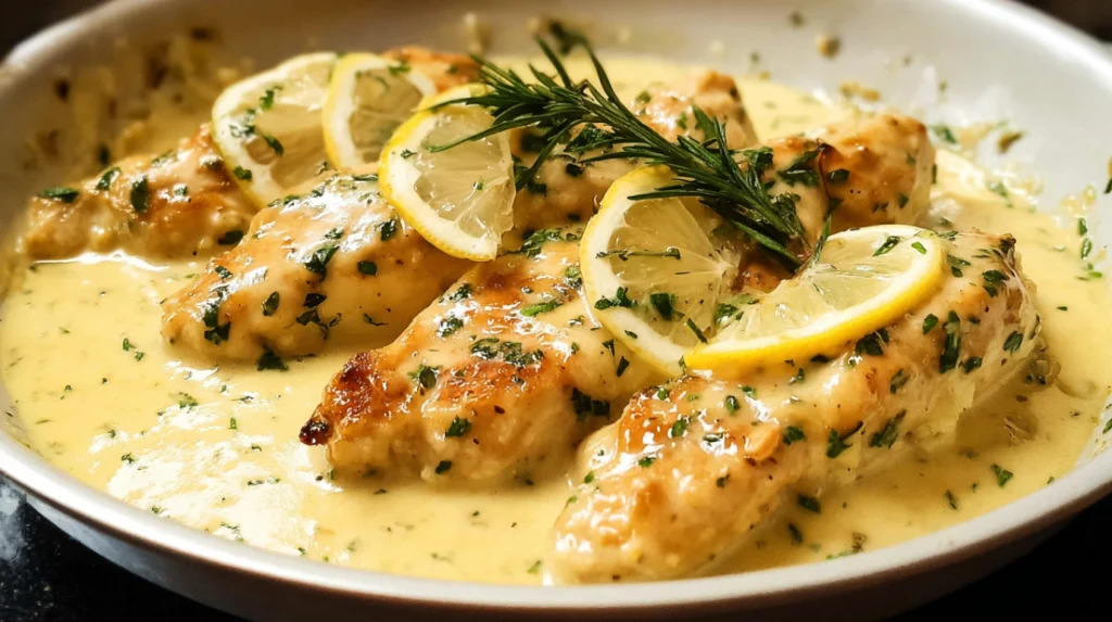 Lemon Chicken juicy chicken breast cooked in a bright lemon sauce, garnished with fresh herbs, served on a white plate with golden edges