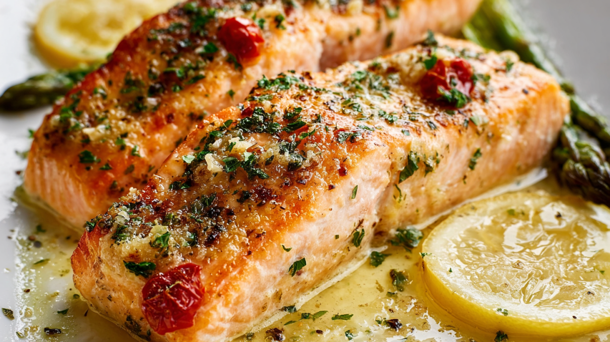 Oven baked lemon garlic salmon fillets with fresh herbs and citrus slices