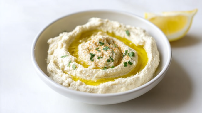 Lemony artichoke white bean dip blended until smooth, topped with olive oil and herbs, served with crackers