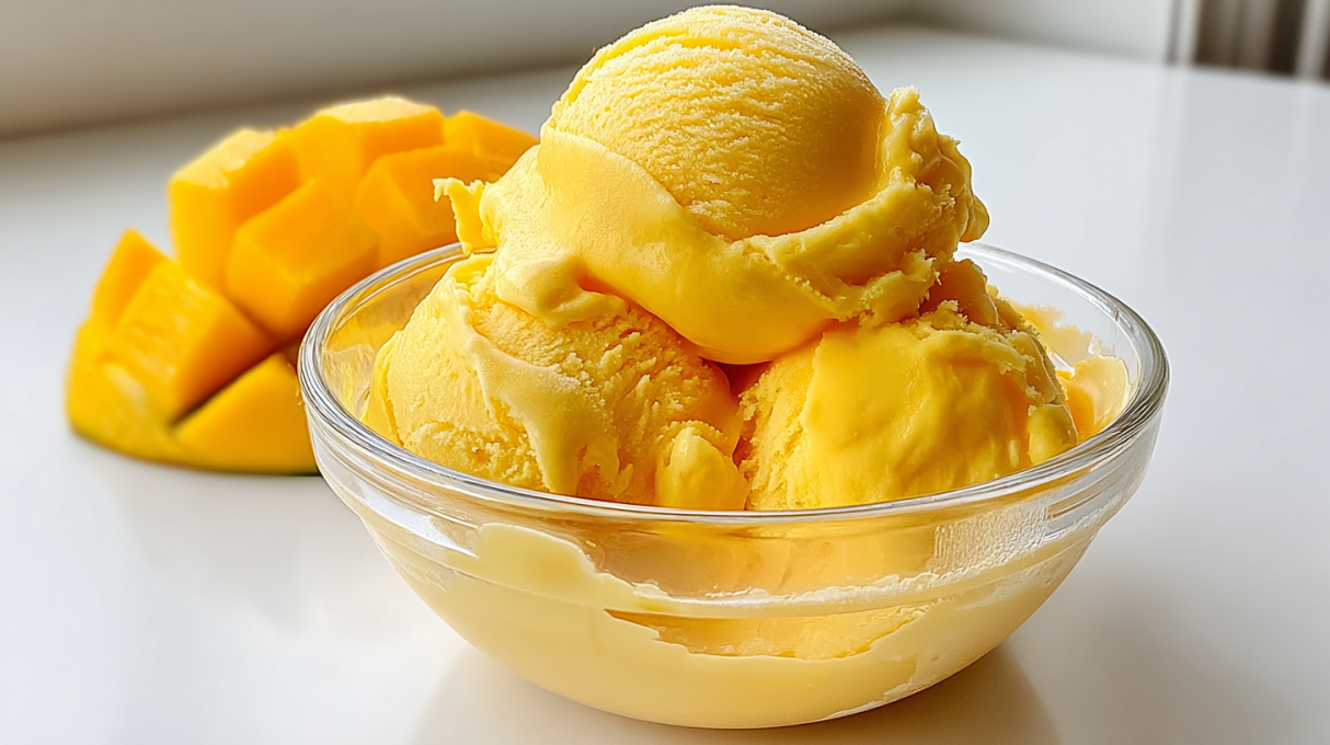 Mango Greek frozen yogurt with a creamy texture and bright orange color in a bowl.