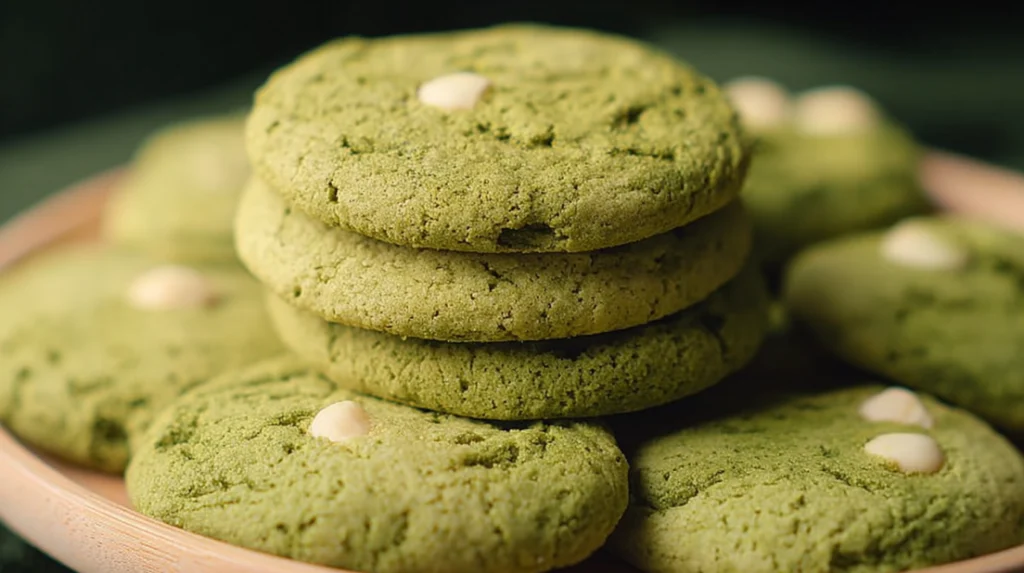 Matcha Latte Cookies soft green tea cookies with creamy glaze, matcha powder flavor, bakery-style cookies on white background, high-quality food photography