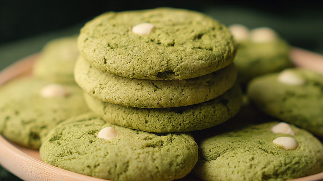 Matcha Latte Cookies soft green tea cookies with creamy glaze, matcha powder flavor, bakery-style cookies on white background, high-quality food photography