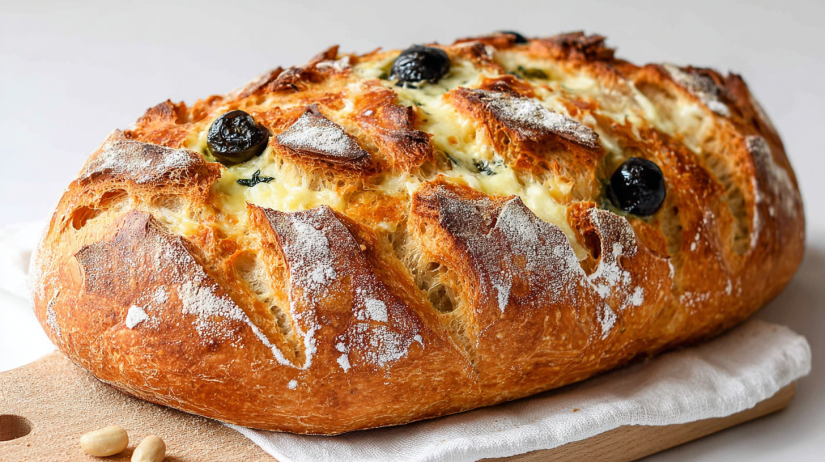Mediterranean Cheese and Olive Sourdough artisan sourdough bread with olives and cheese, rustic loaf with golden crust and airy crumb
