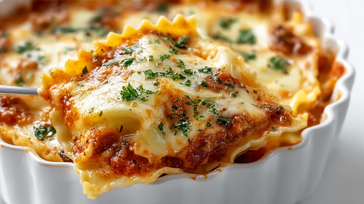 Million Dollar Ravioli Casserole baked with cheese, marinara sauce, and layers of ravioli