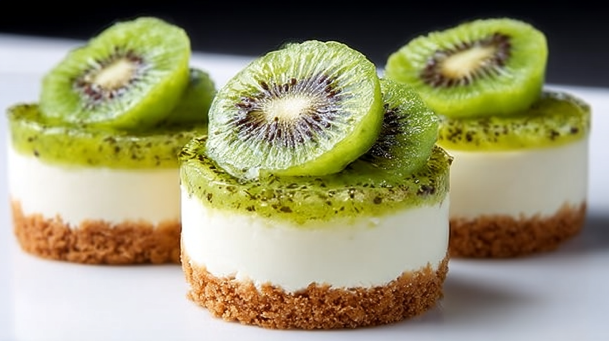 Mini cheesecakes topped with fresh kiwi slices on a graham cracker crust