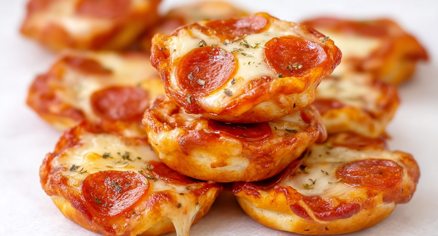 Mini pizza bites made on pretzel bases topped with sauce, cheese, and pepperoni, baked until golden