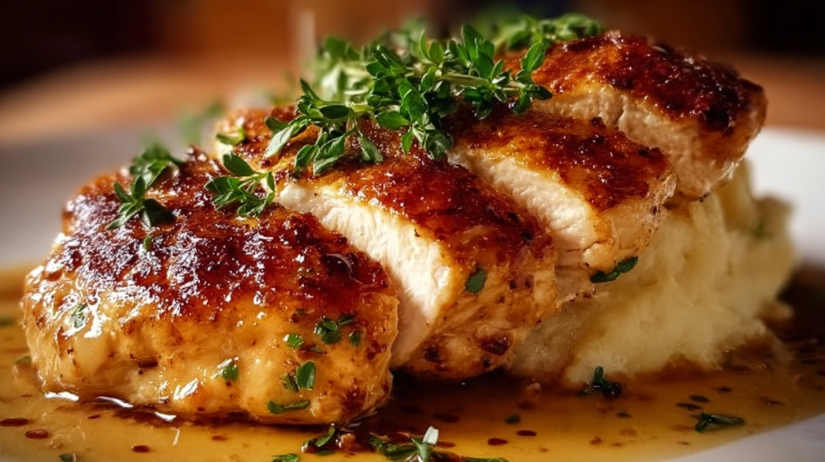 Morton Chicken Breast juicy baked chicken breast seasoned with Morton-style spices, golden browned chicken served with herbs on a white plate