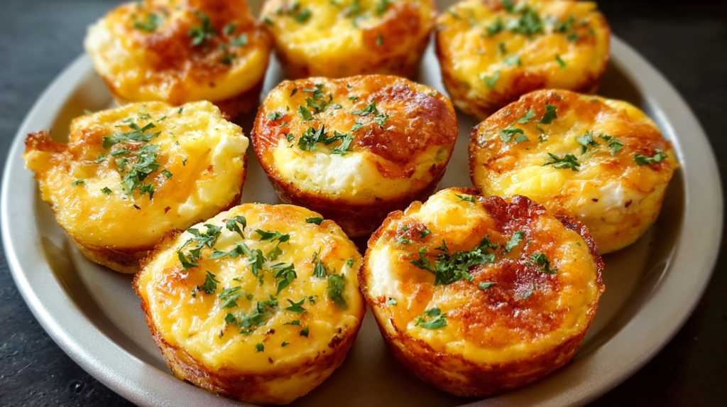 Muffin Tin Cottage Cheese Egg Bites fluffy baked egg muffins made with cottage cheese, herbs, and vegetables, arranged on a white plate with soft natural lighting, clean background, high-quality food photography