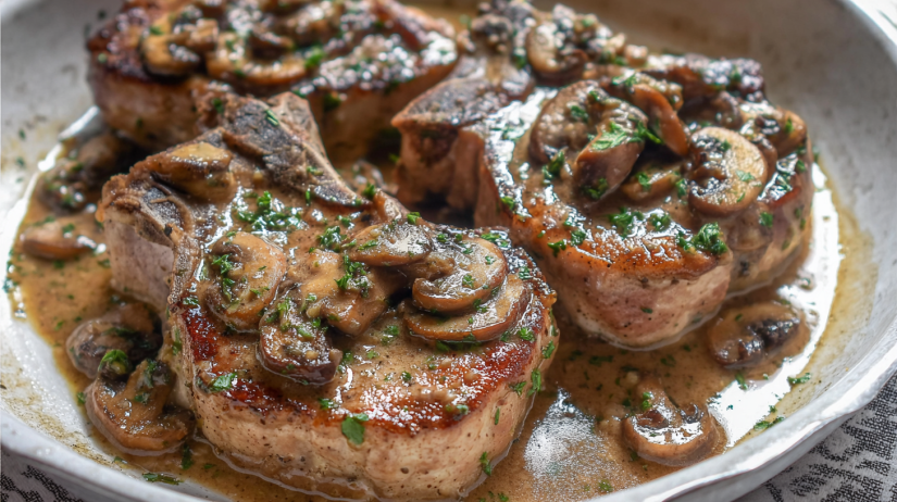 Mushroom Pork Chops tender pork chops cooked in creamy mushroom sauce, savory skillet dish served with herbs on plate