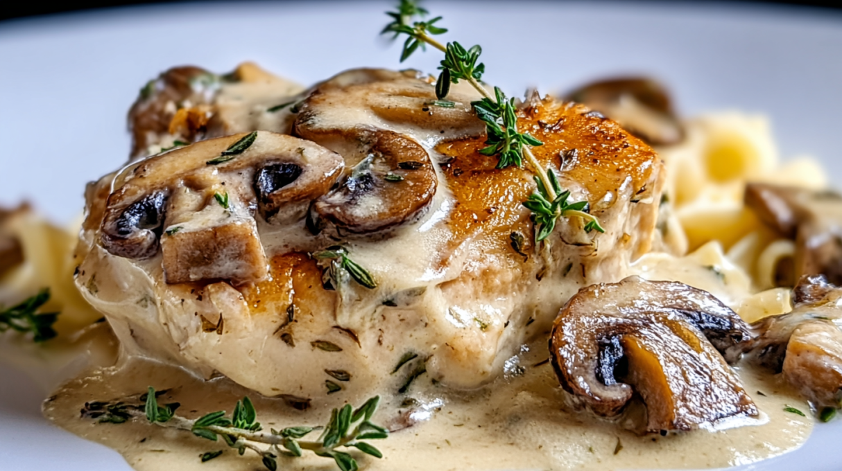 Mushroom Asiago chicken in creamy garlic sauce with sautéed mushrooms and melted Asiago cheese