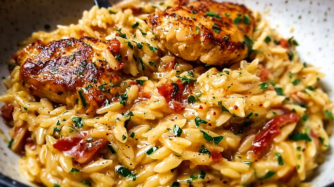 One Pot Cajun Chicken Alfredo Orzo with tender chicken, creamy Alfredo sauce, and perfectly cooked orzo pasta in a skillet