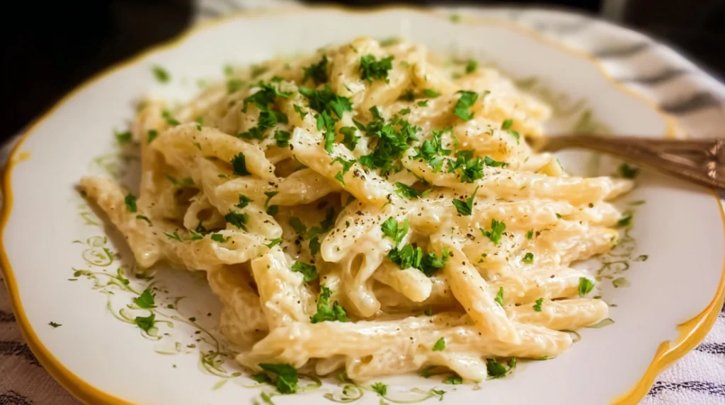 One Pot Creamy Garlic Pasta creamy pasta cooked in one pot with garlic, parmesan cheese, and rich sauce, easy comfort meal in bowl