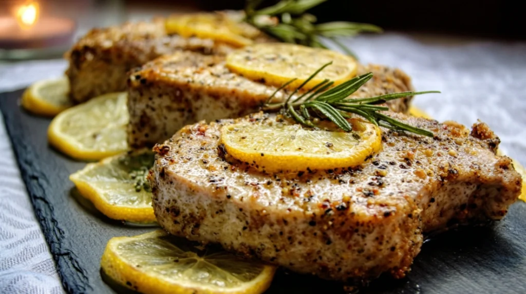 Oven Baked Lemon Pepper Pork Chops juicy pork chops seasoned with lemon pepper and baked until golden, served with herbs on plate