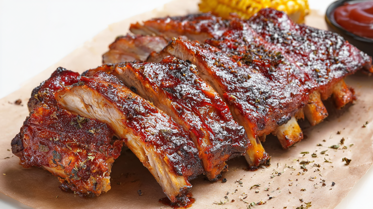 Tender oven baked ribs coated in rich barbecue sauce, caramelized and served with fresh herbs