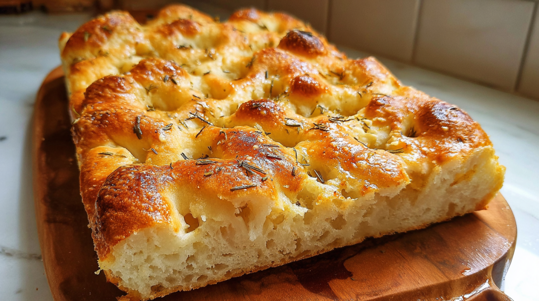 Overnight Sourdough Focaccia airy homemade focaccia bread with olive oil, sea salt, and herbs, bubbly sourdough texture baked golden in pan