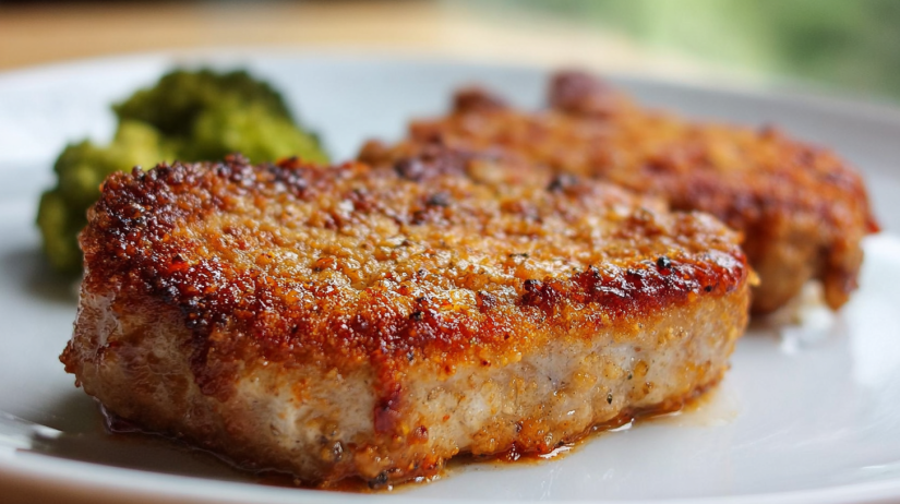 Parmesan Baked Pork Chops topped with crispy golden parmesan crust, juicy oven-baked pork, served with herbs on a white plate, high-quality food photography