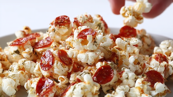 Pepperoni pizza popcorn tossed with seasoning, mini pepperoni pieces, and melted cheese