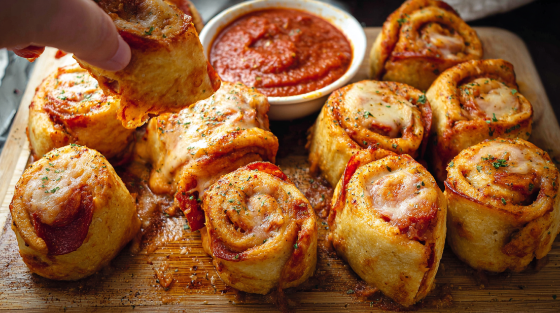 Pepperoni Pizza Roll Ups baked golden pizza dough filled with pepperoni and melted cheese, sliced into bite-sized rolls served with marinara sauce