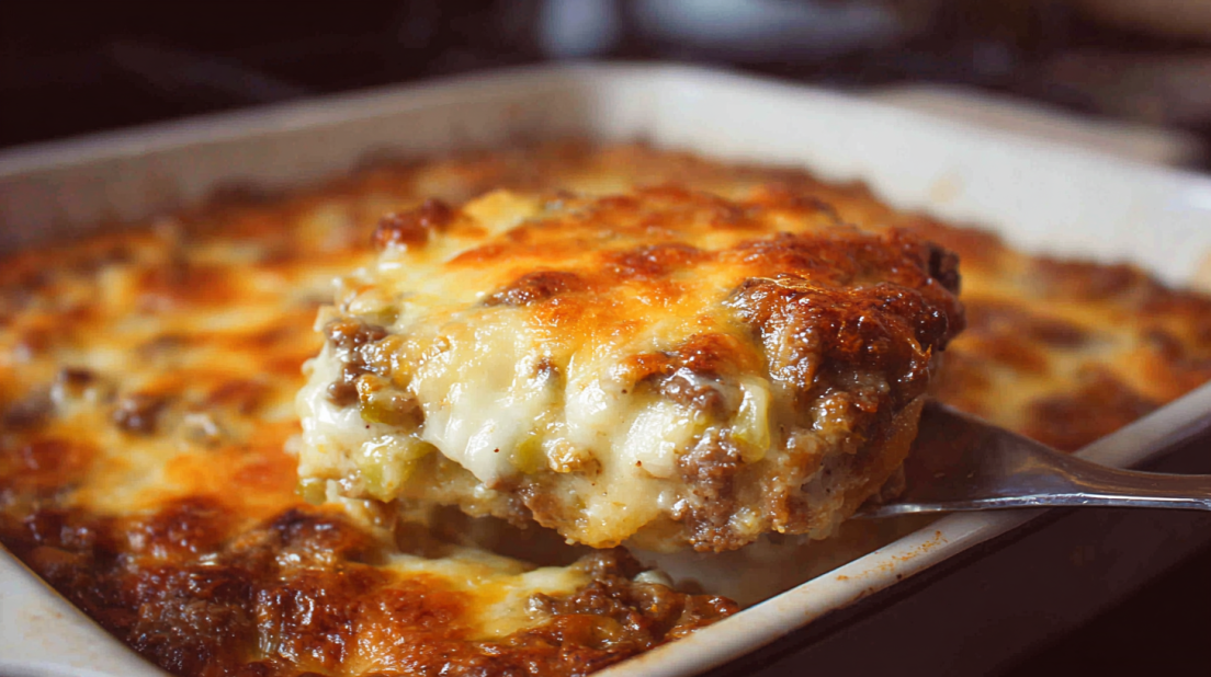 Philly Cheese Steak Casserole baked casserole with sliced beef, bell peppers, onions, and melted cheese, cheesy low-carb comfort dish in baking dish
