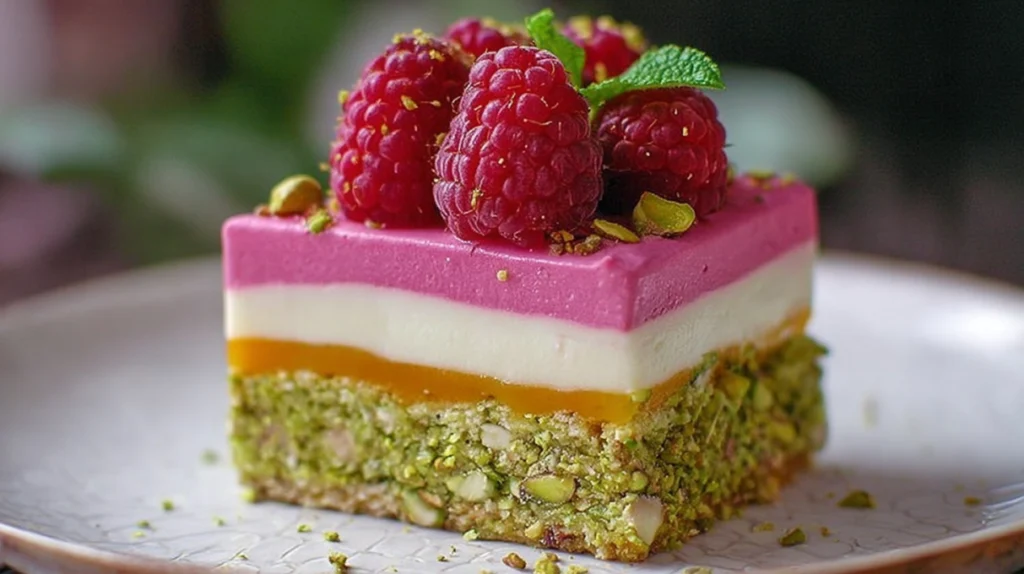 Pistachio cake layered with creamy raspberry mousse and topped with crushed pistachios and fresh raspberries