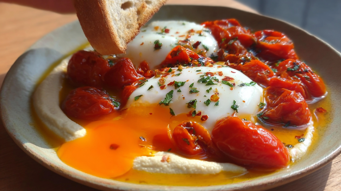 Poached Eggs with Roasted Tomatoes and Hummus creamy hummus topped with perfectly poached eggs and roasted cherry tomatoes, garnished with herbs, served on a white plate with soft natural lighting, clean background, high-quality food photography